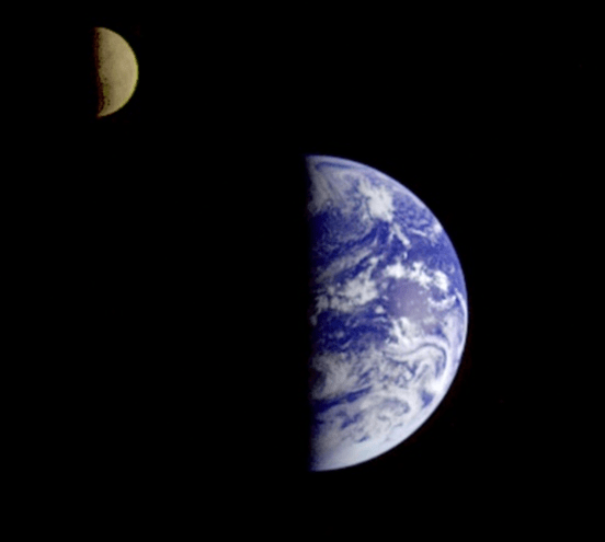 A NASA image showing the Earth and Moon from Space. Both are illuminated by the Sun on one side and are dark on the opposite side.